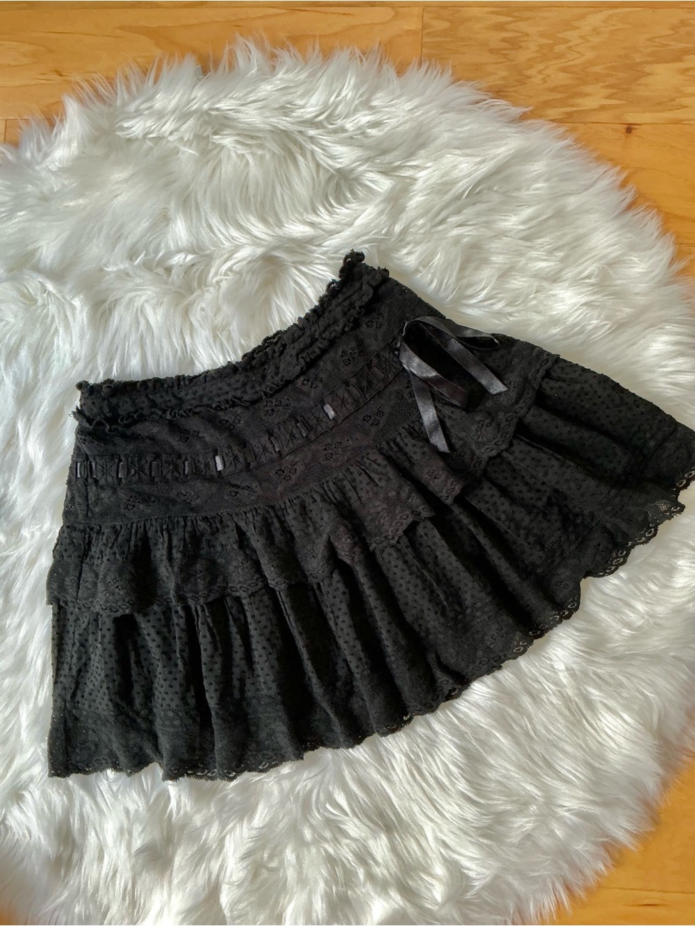 LoveShackFancy Black Tiered Lace Mini Skirt with Ribbon Detail Size Small